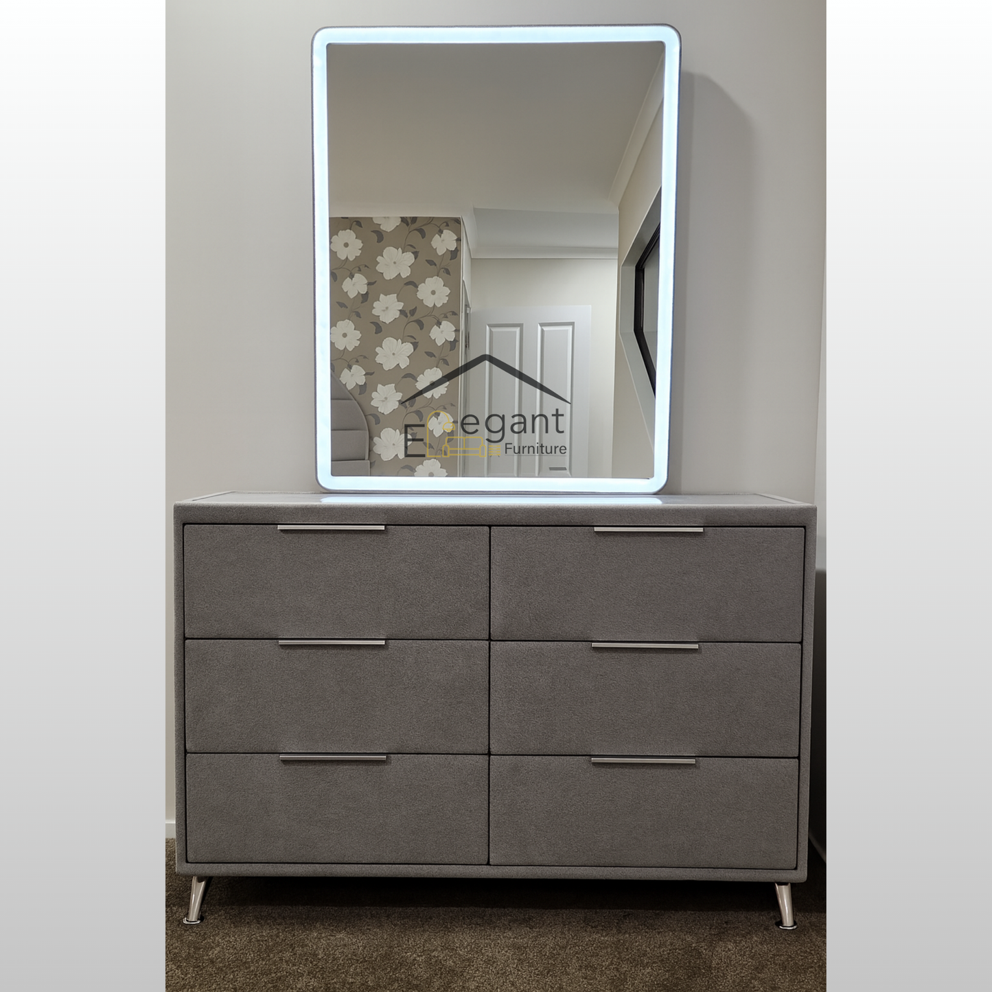 Upholstered Dresser with LED Mirror