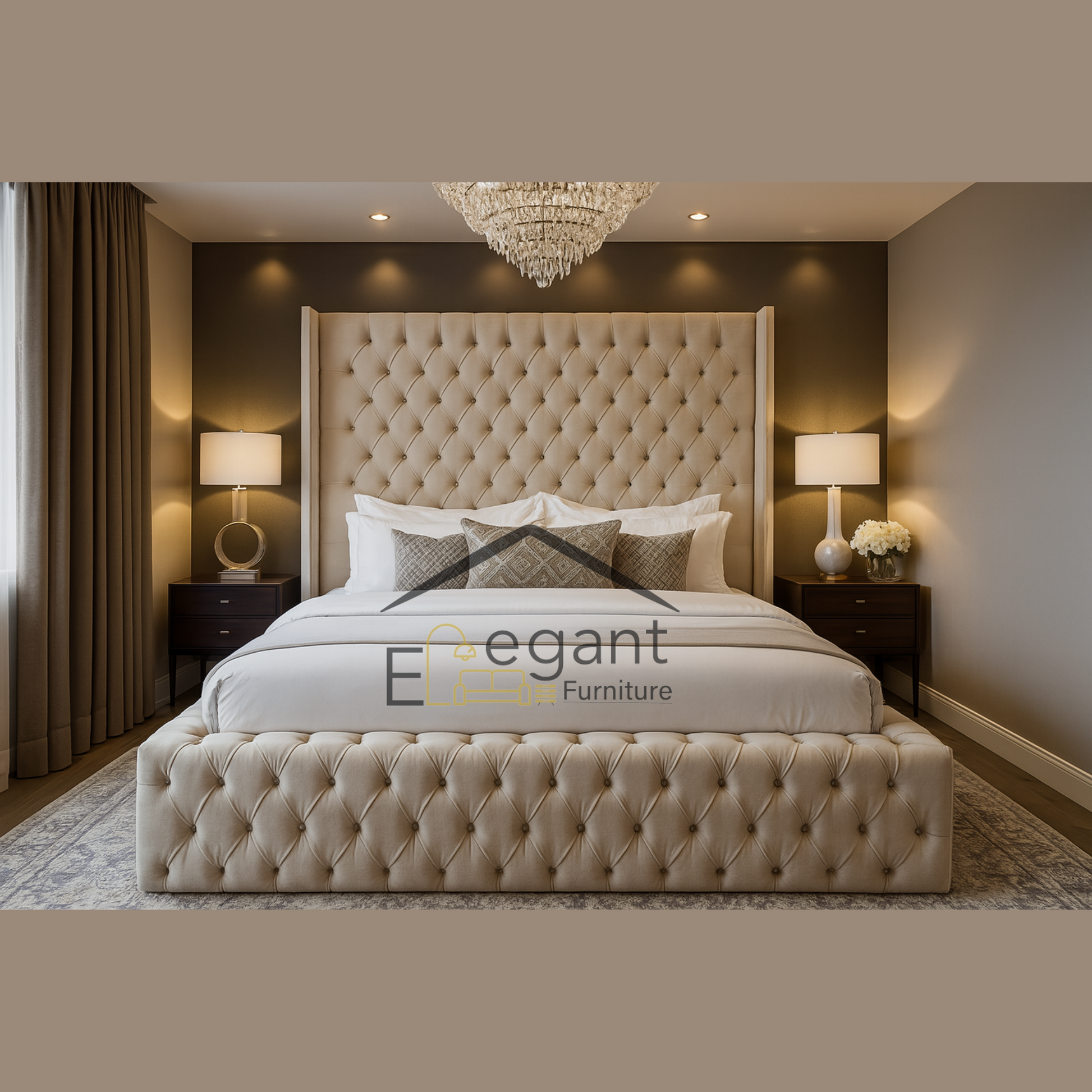 Luxurious bedroom with a tufted bed and elegant decor, featuring the brand 'Elegant Furniture'.