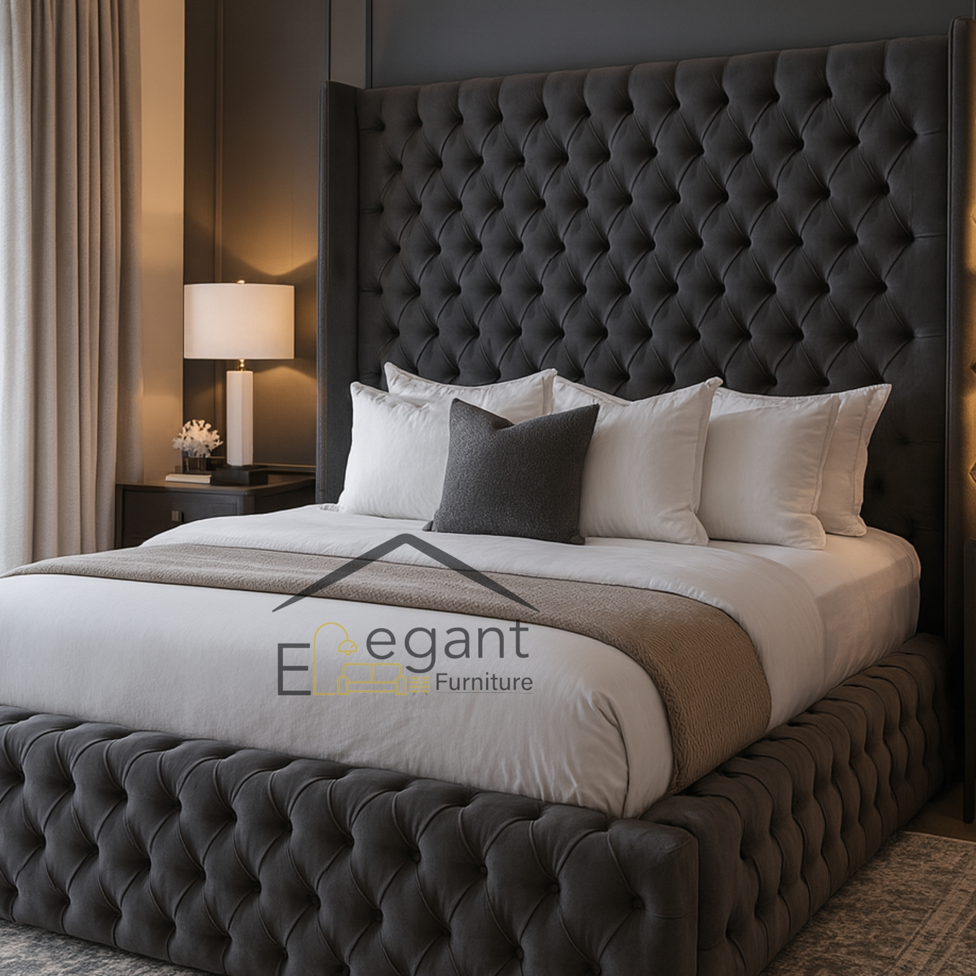 Modern bedroom with a large tufted bed and nightstand, featuring the Elegant Furniture logo.