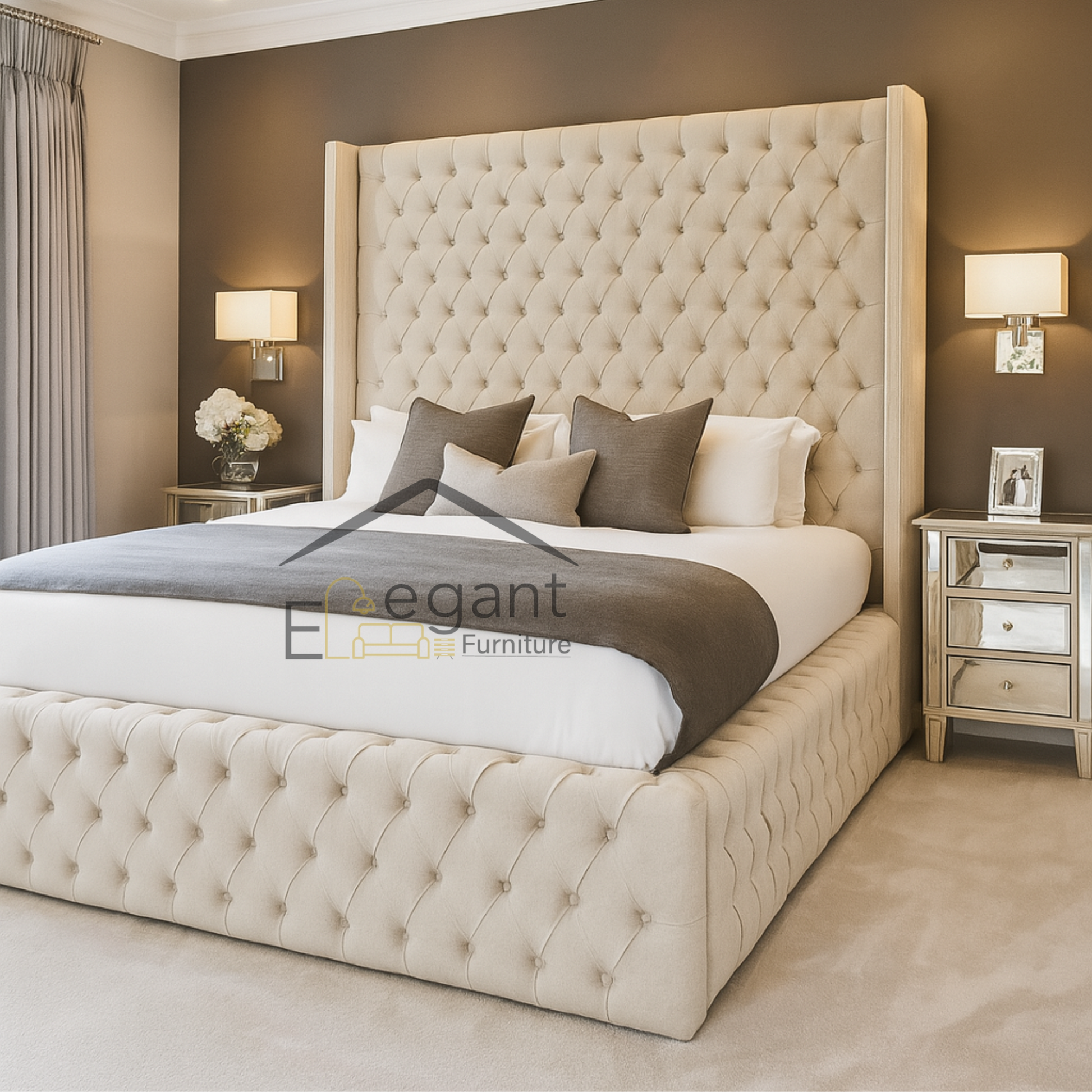 Beige upholstered bed with tufted headboard in a bedroom setting, featuring 'Elegant Furniture' branding.